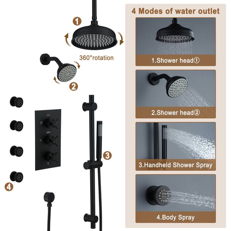 8-In Ceiling Mounted Shower System with Sliding Bar and 4 Body Sprays