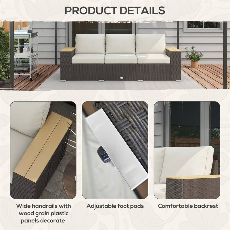 Three-Seater Outdoor Rattan Sofa with Thick Cushions and Water-Resistant Patio Couch for Garden - 89" W x 27.5" D x 28.25" H