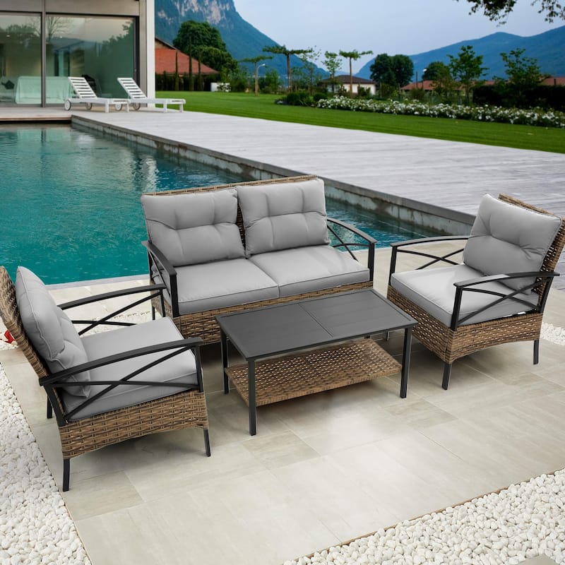 Outdoor Patio Furniture Set, 4 Piece Wicker Outdoor Conversation Set, Corner Sofa Set with Cushion and Side Table - Grey