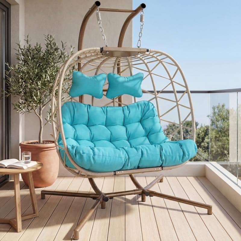 Oversized Outdoor Double Swing Egg Chair, 700 lbs Capacity 2-Person Hanging Egg Chair Swing with Cushion - Teal/Beige