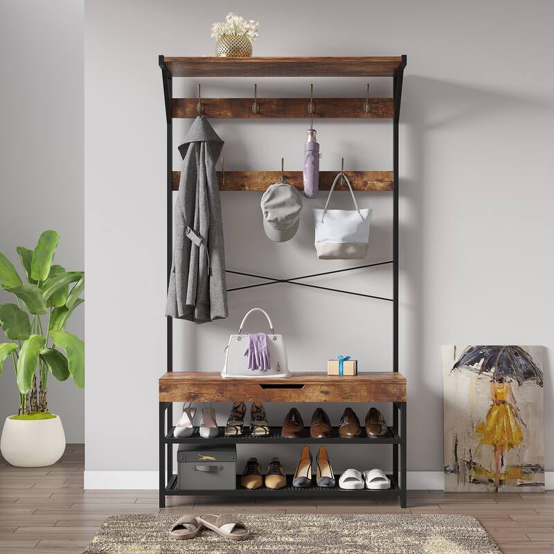 4 in 1 Hall Tree, Entryway Bench with Coat Rack, Shoe Bench