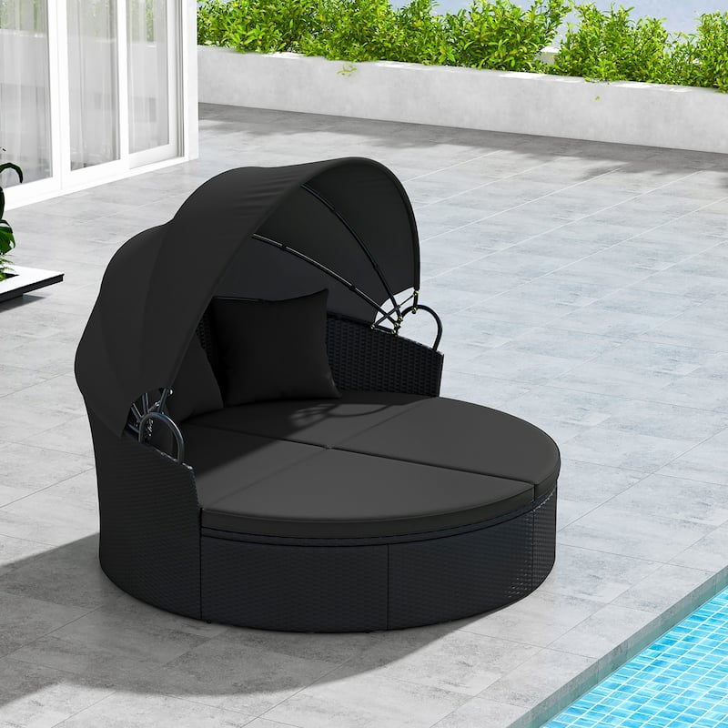 Gymax Patio Round Daybed Wicker Daybed w/ Retractable Canopy Separated - Black