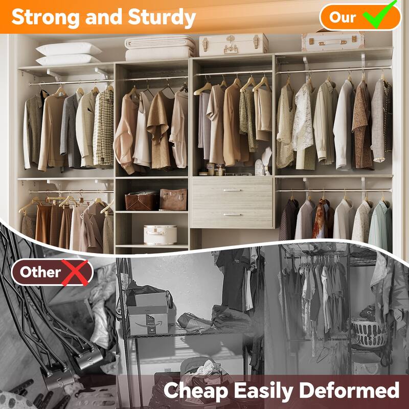Closet System with 2 Sets, 154'' Walk-in Closet Organizer System with 2 Drawers & 8 Hanging Rods & 6 Reversible Shelf Towers