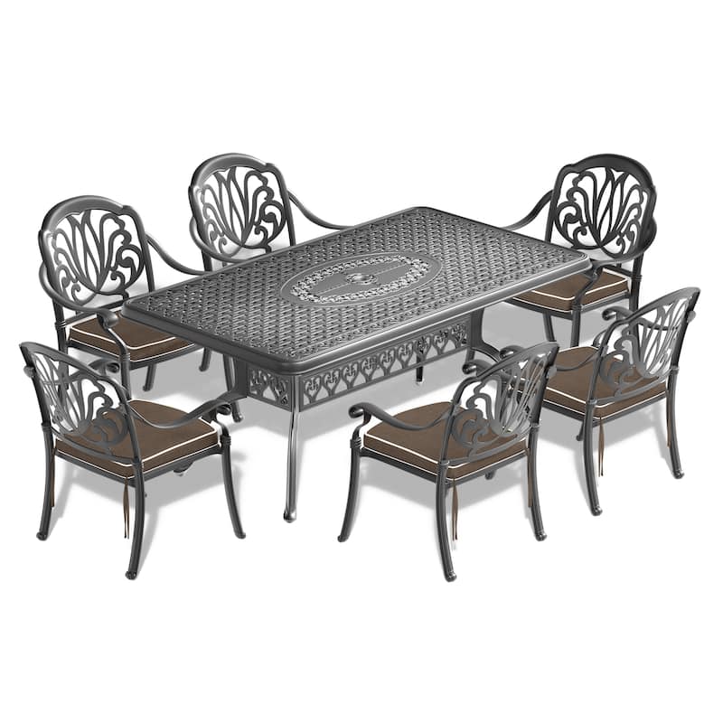 7-Piece Cast Aluminum Outdoor Dining Set with Random Color Seat Cushions