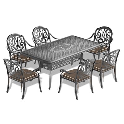 7-Piece Cast Aluminum Outdoor Dining Set with Random Color Seat Cushions