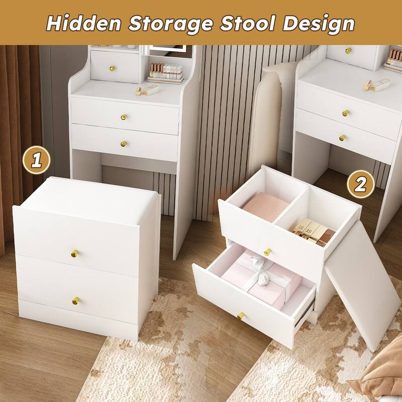 3-in-1 Dressing Table with LED Mirror & Storage Stool - Compact Makeup Vanity with 4 Drawers, Storage Cabinet & Hidden Stool