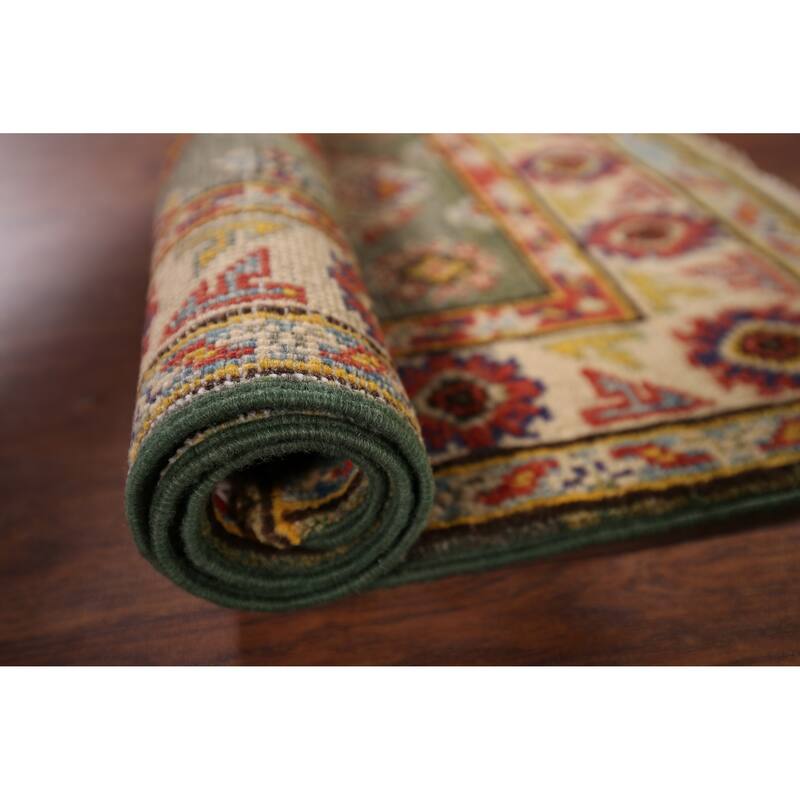 Geometric Kazak Foyer Rug Hand-Knotted Green Wool Carpet - 2'0" x 2'10"