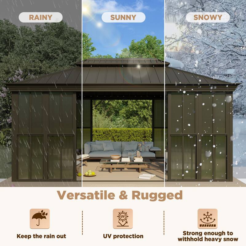 Hardtop Gazebo with Double Steel Roof, Sliding/Lockable Doors & Screens - All-Season Rustproof Aluminum Frame，Advanced Drainage