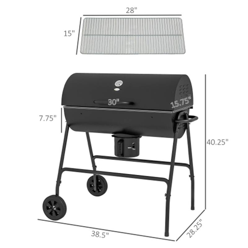 Charcoal BBQ Grill with Warming Rack Removable Middle Grate Thermometer Air Vents Wheels Steel Outdoor Barbecue