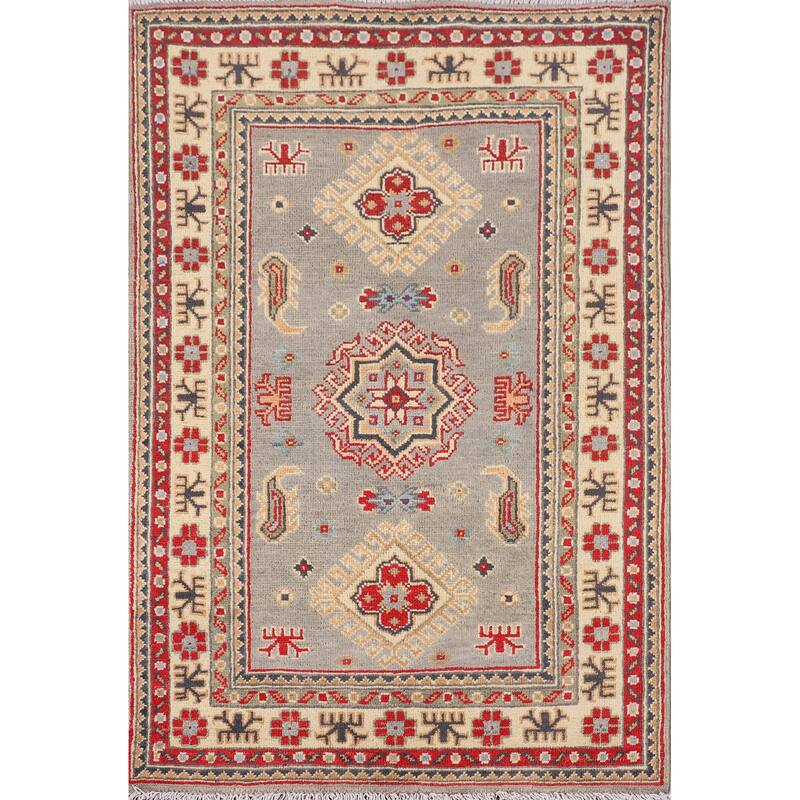 Gray Geometric Kazak Accent Rug Hand-Knotted Wool Carpet - 2'8" x 4'1"