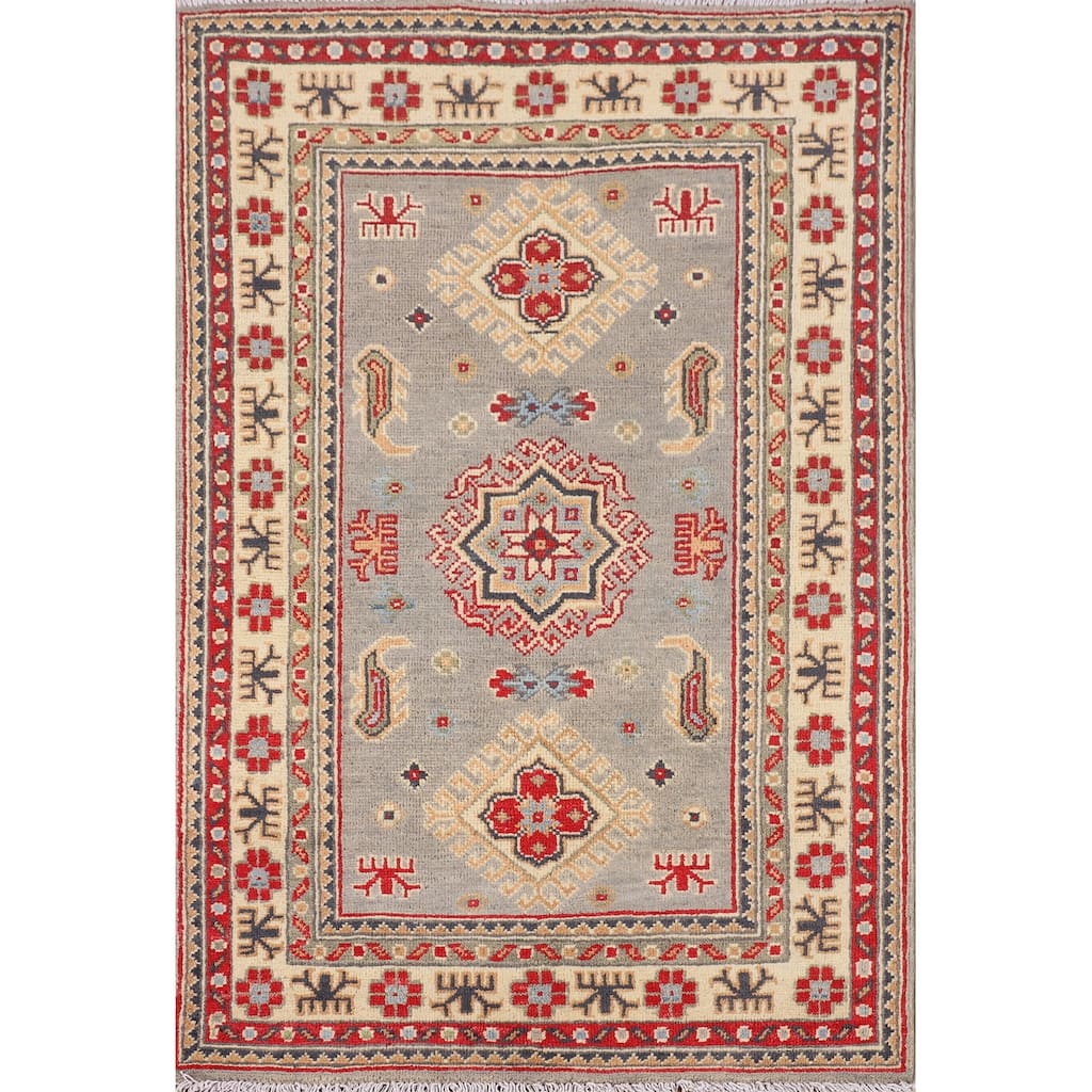 Gray Geometric Kazak Accent Rug Hand-Knotted Wool Carpet - 2'8" x 4'1"