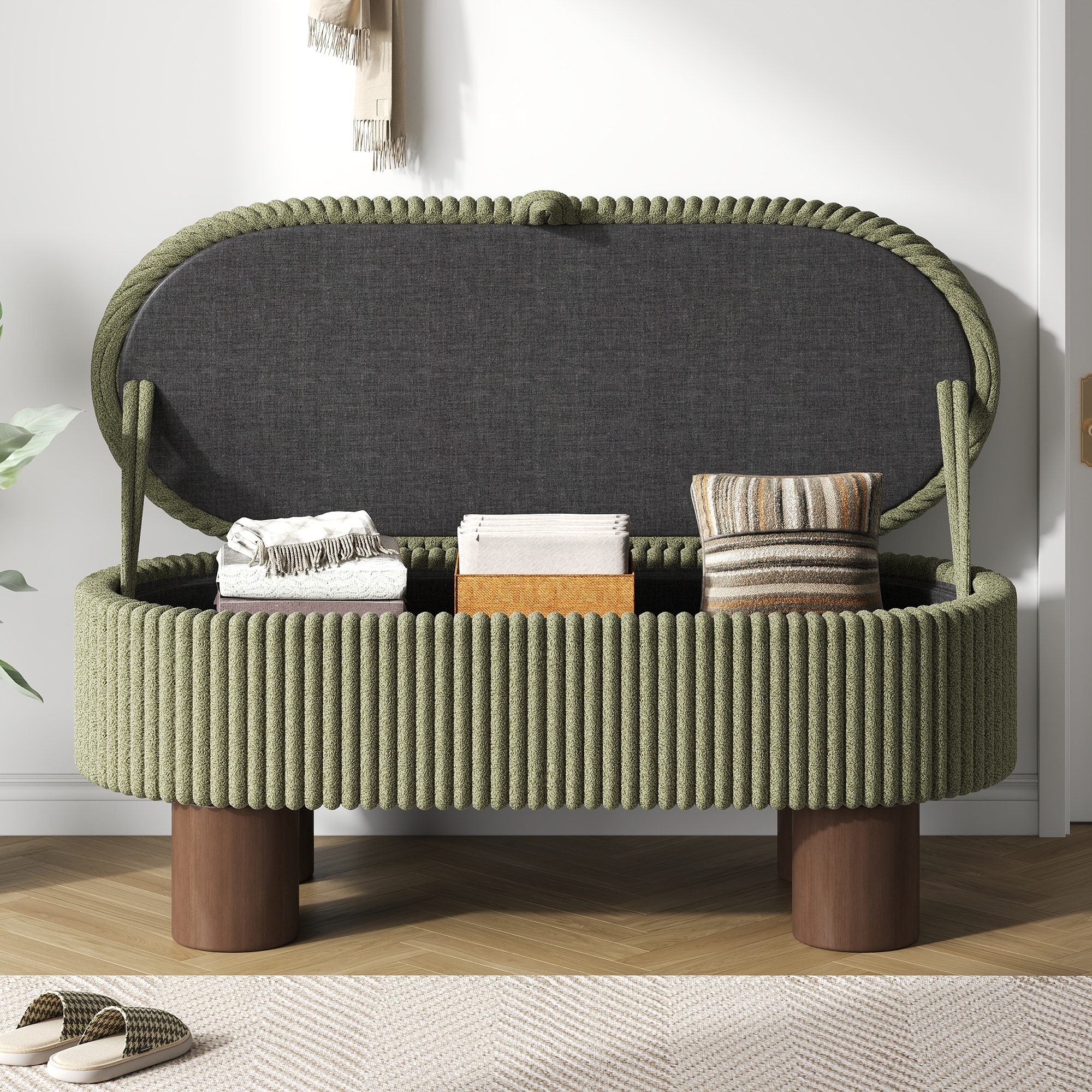 Roomfitters Modern Corduroy Storage Ottoman Bench with Lift Top Lid and Cylinder Legs