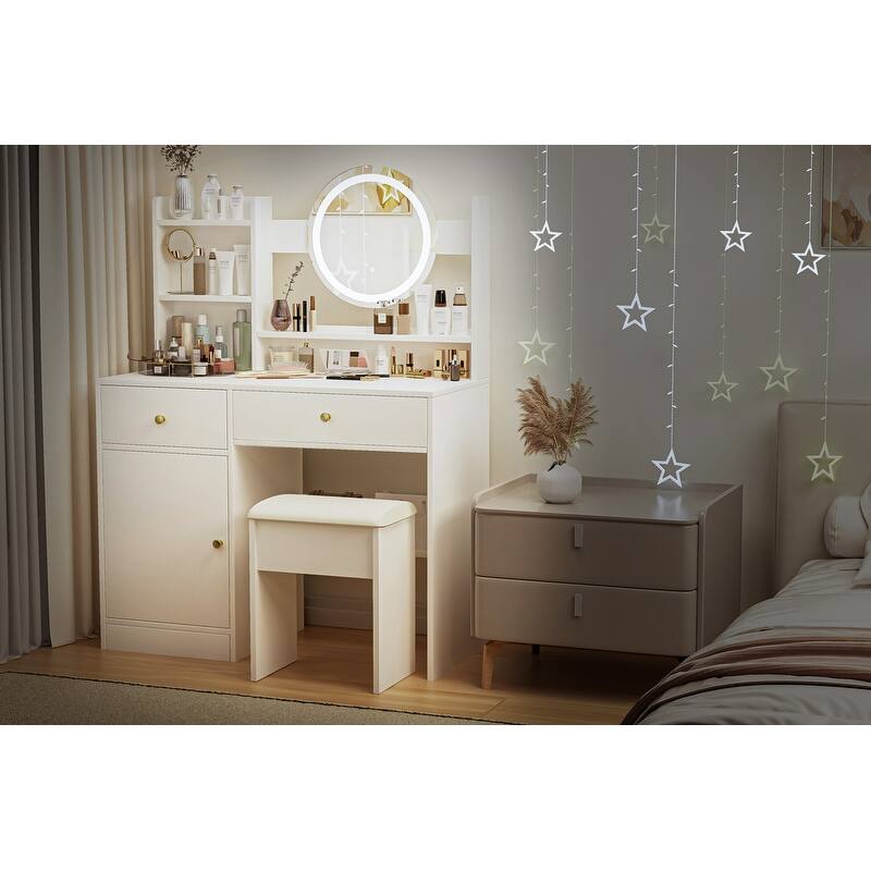 White LED Makeup Vanity Desk Set with Adjustable Lighting, Storage & Cushioned Chair