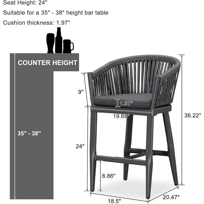 PURPLE LEAF Outdoor Bar Stools Set of 2 Patio Metal Modern Wicker Bar Chairs Woven Aluminum Barstools