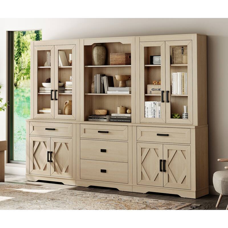 3-Column 73.3" Tall Bookshelf Set with Open Storage and Glass Doors