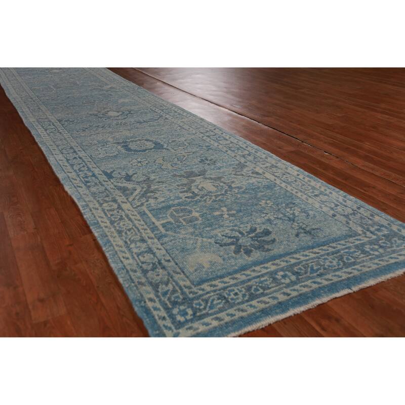 Hand Knotted Oriental 100% Wool Carpet Transitional Floral Navy Blue & Blues Oushak Runner Rug - 17' 4'' X 3' 1''