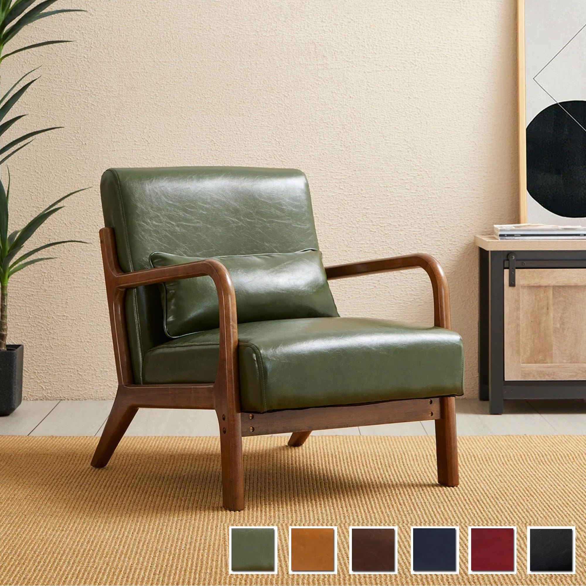 Glitzhome 30.75"H Mid-Century Modern PU Leather Armchair Accent Chair with Pillow
