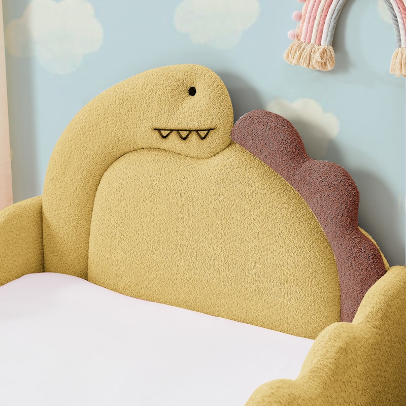 Twin Dinosaur-Shaped Kids Bed with Safety Guardrail - Solid Wood Toddler Bed Frame in Boucle Fabric