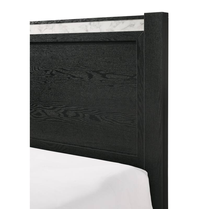 King Size Panel Bed with Faux Marble Accents, Contemporary Black Bedroom Furniture