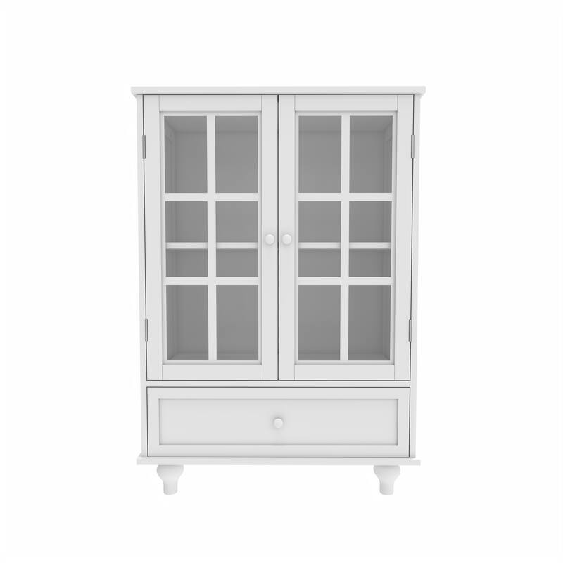 Buffet Cabinet with Double Glass Doors, Sideboard Cabinet with Drawer, Wooden Storage Cabinet with Adjustable Shelf