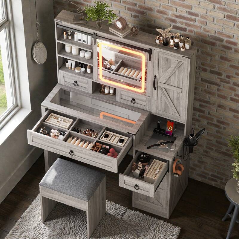 Farmhouse Vanity Desk with Sliding LED Mirror and Lights, Glass Top Vanity Set with Charging Station