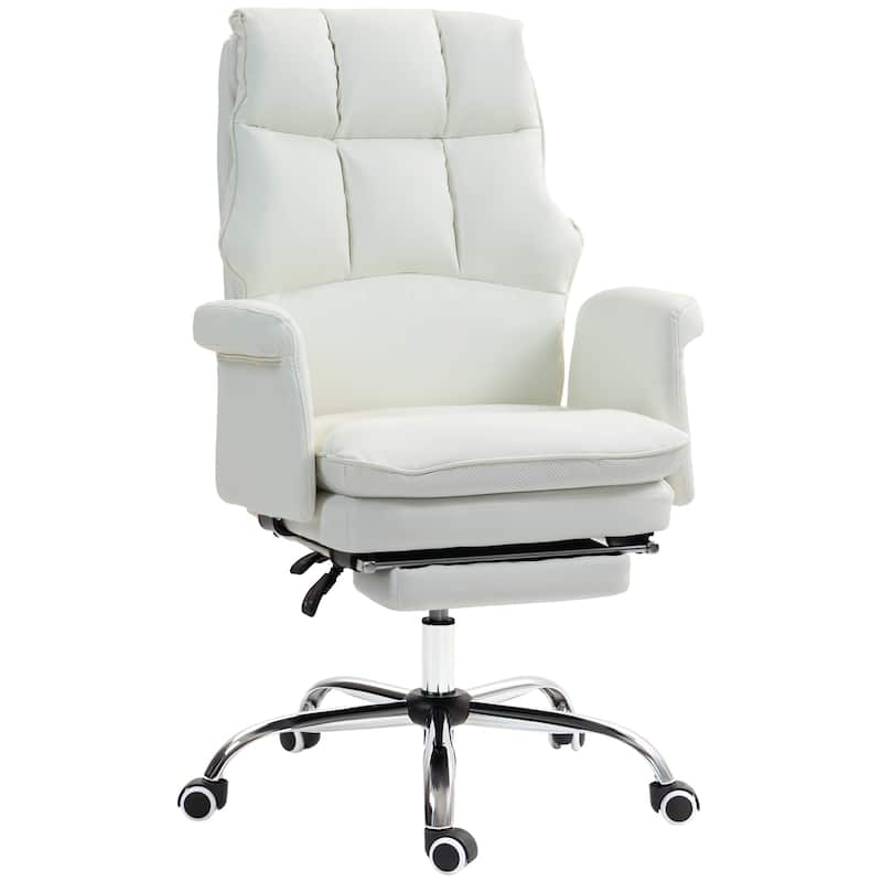 Executive Office Chair, PU Leather Ergonomic Office Desk Chair with Footrest, Reclining and Swivel Chair, White - White