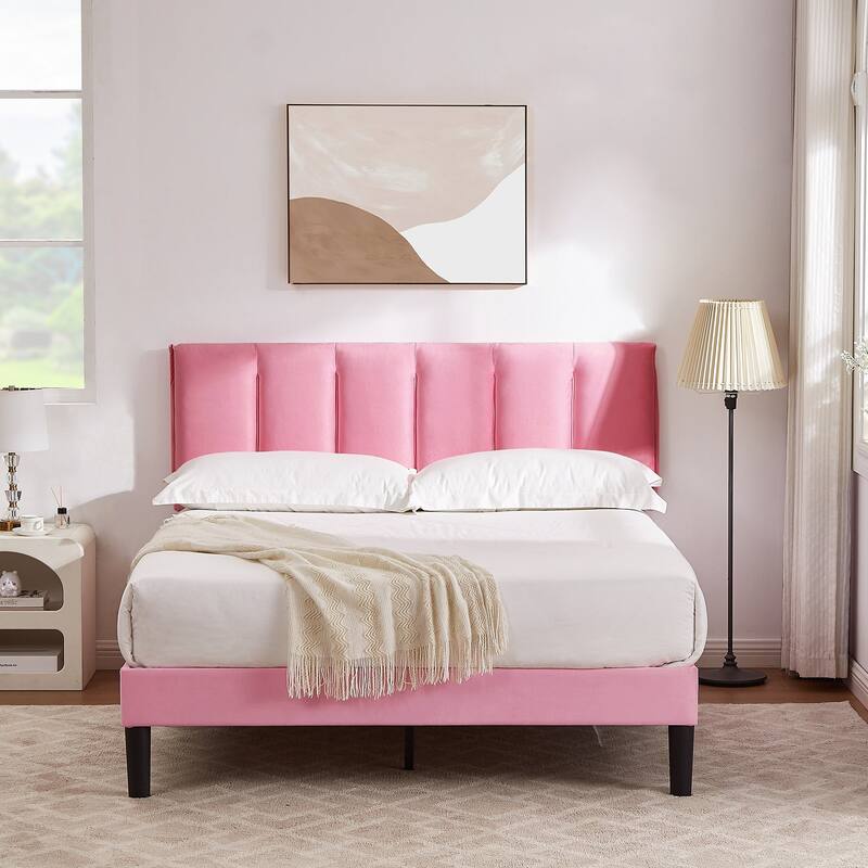 VECELO Pink Tufted Upholstered Platform Bed Frame with Adjustable Height Headboard Twin/Full/Queen Size Beds