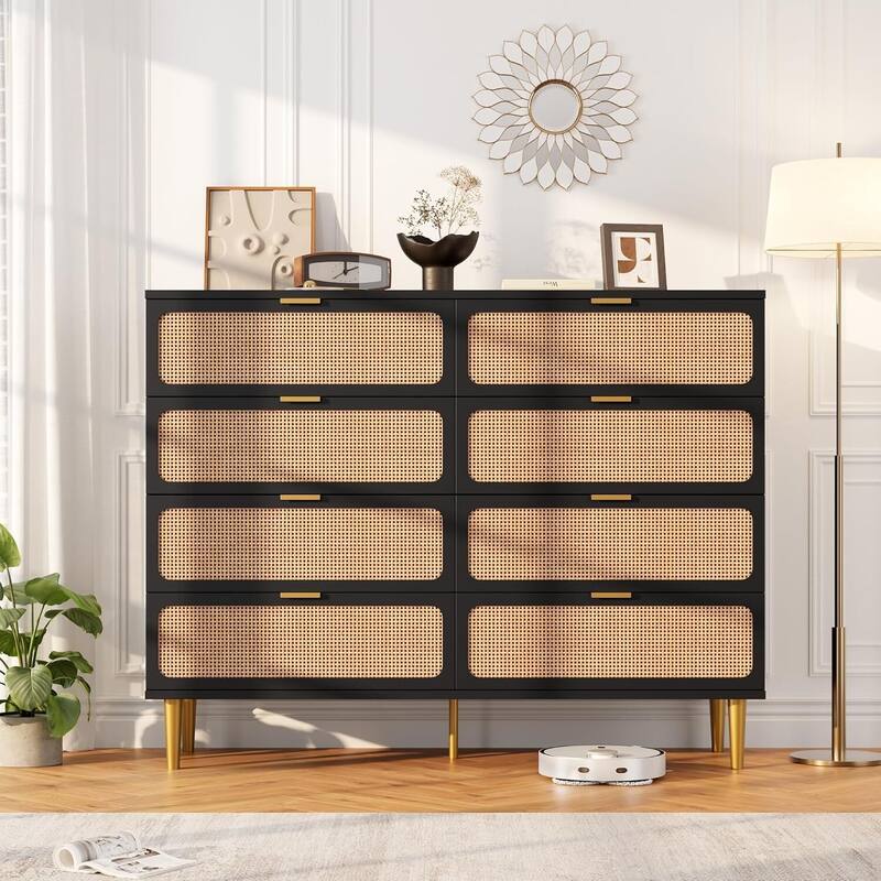 Rattan 8 Drawer Dressers TV Stand for Bedroom Living Room - Black