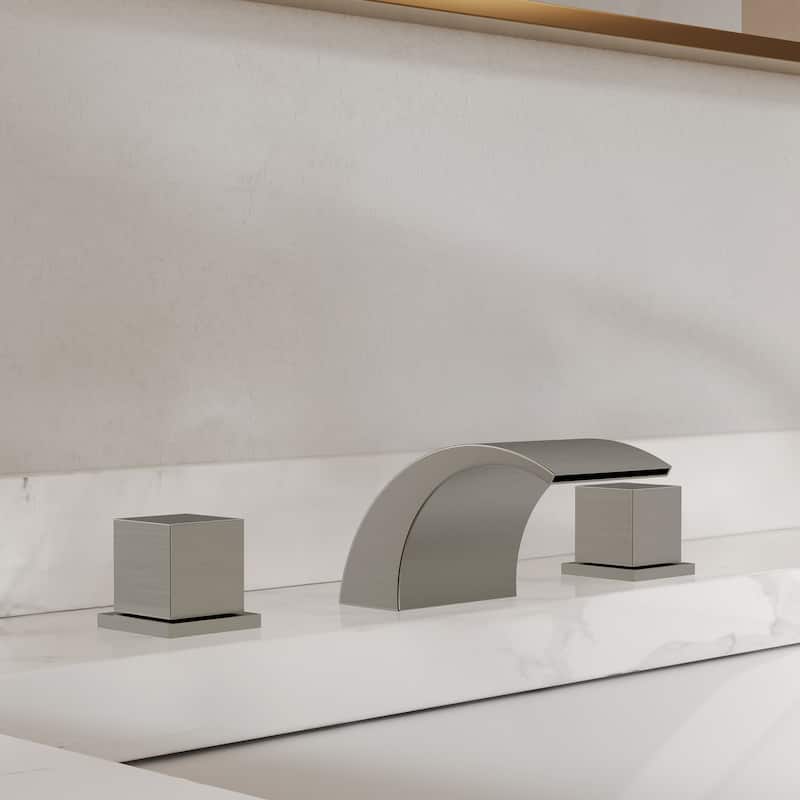 GRANDJOY Low Arc Waterfall Widespread Bathroom Sink Faucet - Brushed Nickel