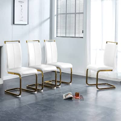 Modern Dining Chairs PU Faux Leather High Back Upholstered Side Chair with Golden C-shaped Tube Chrome Metal Legs