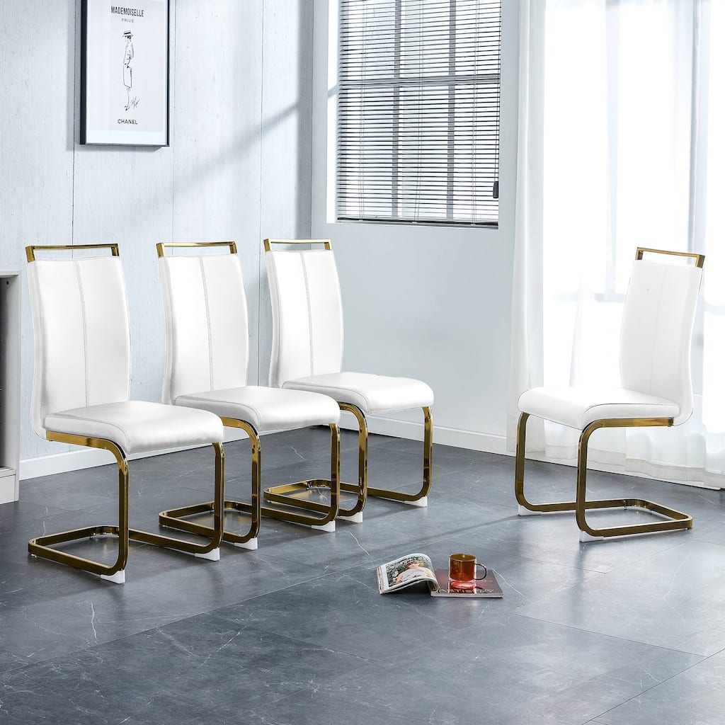 Modern Dining Chairs PU Faux Leather High Back Upholstered Side Chair with Golden C-shaped Tube Chrome Metal Legs
