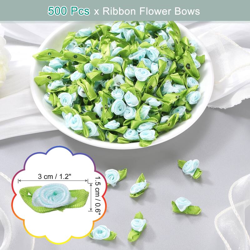 500 Pcs Mini Ribbon Roses Flowers Bows for Crafts, 15mm/0.6" Dia - Light Blue