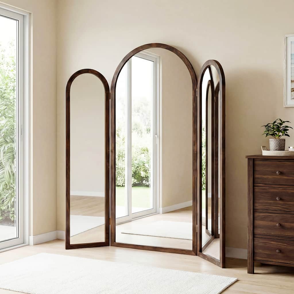 66.5 in. W x 71 in. H Arched Wooden 3-Panel Framed Floor Mirror Standing Mirror - 71"x67"