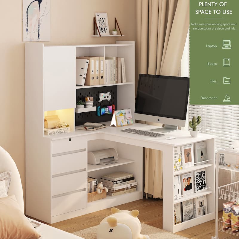 L-Shaped Corner Storage Desk with LED Light, Modern Home Office Computer Table Gaming Desk with Drawers and Bookshelf