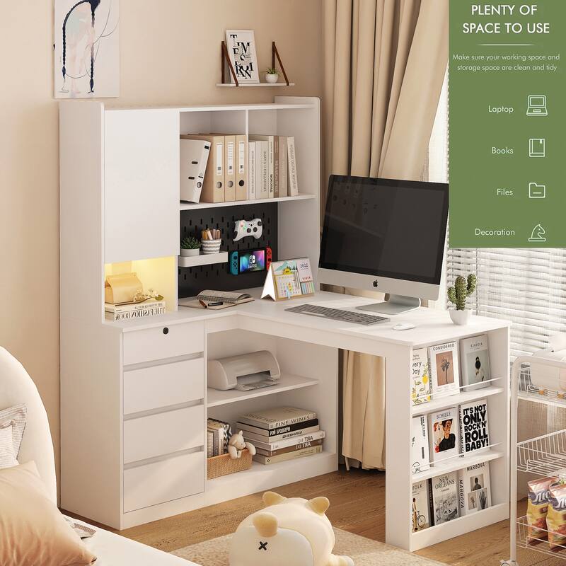 L Shaped Desk Corner Computer Desk Office Desk Study Table Writing Desk Gaming Computer Desk wCharger LED Drawers Bookshelf