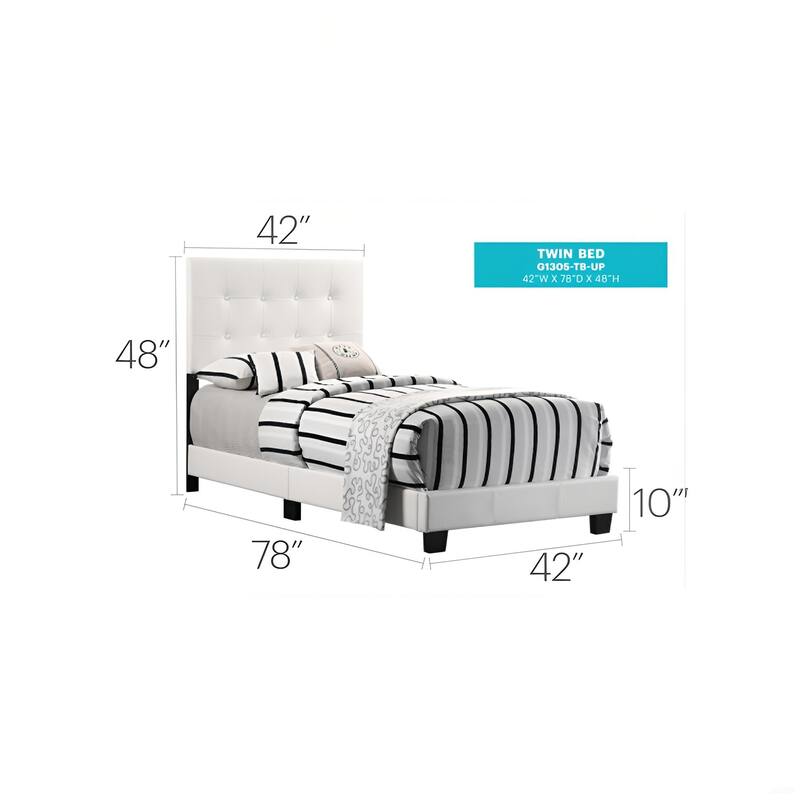 White Faux Leather Twin Bed with Button-Tufted Headboard