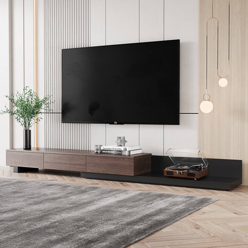 3-Drawers Retracted Extendable TV Stand Media Console In Stretch 70"- 110" - Black&Walnut