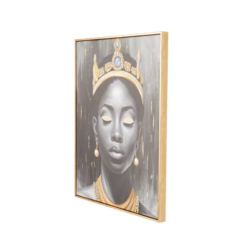Canvas Woman Shaded Living Room Framed Wall Art with Blue Crown and Gold Foil Accents - Black - Roche River Decor