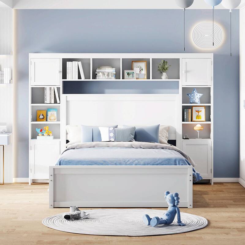 Wooden Bed with Built-in Cabinet, Shelf, and Sockets