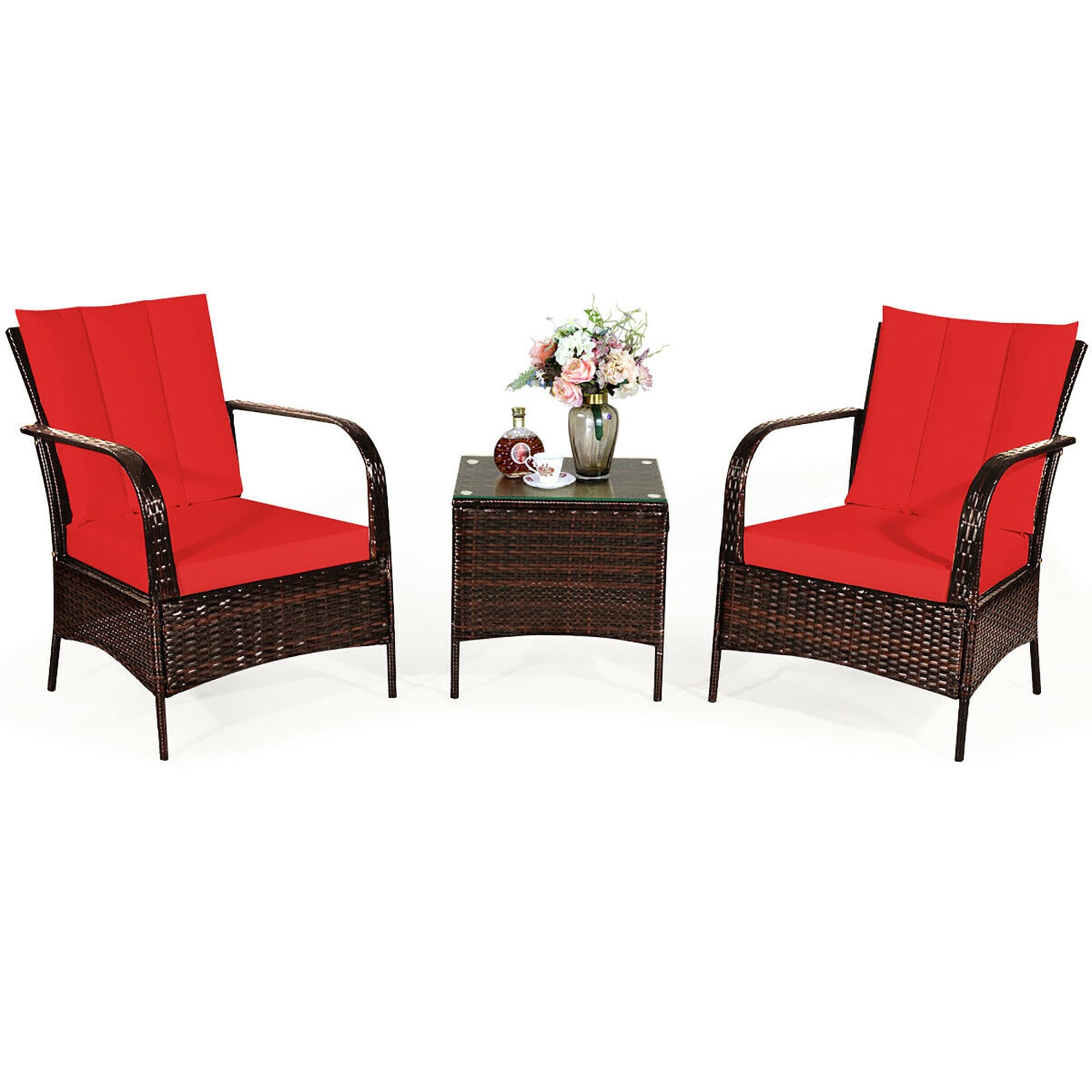 Shop Costway 3 Pcs Patio Rattan Furniture Set Coffee Table 2 Rattan Chair Overstock 22349518