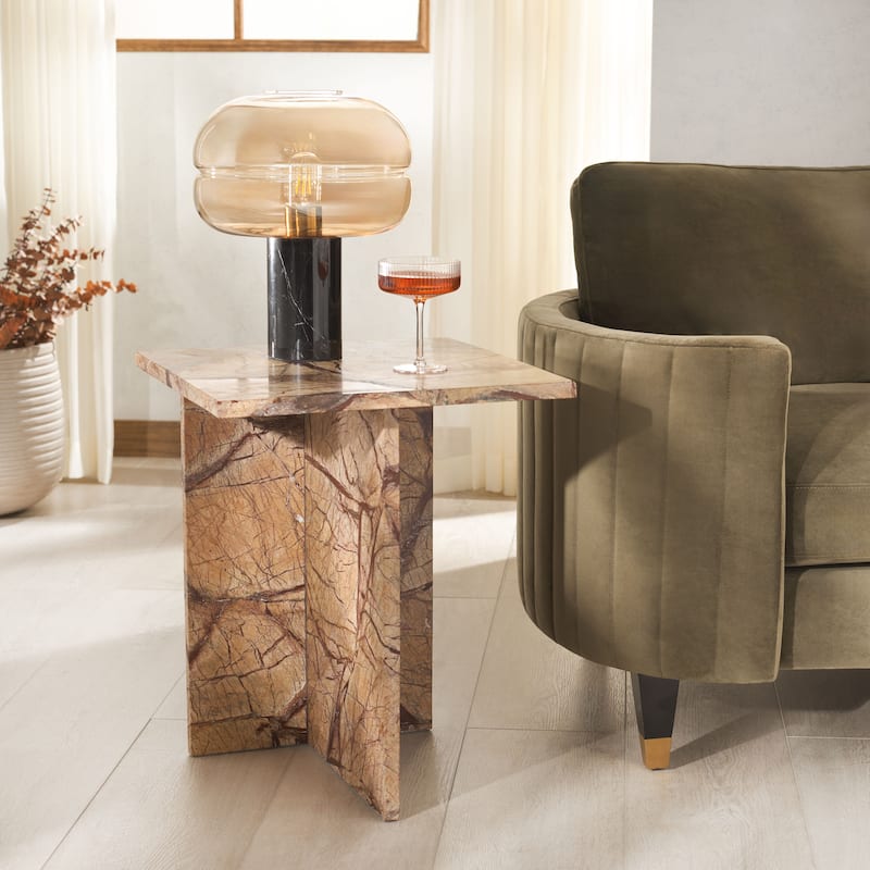 SAFAVIEH Couture Adriano 2 Leg Marble Accent Table - 18"W x 18"D x 22"H - Beige/Brown