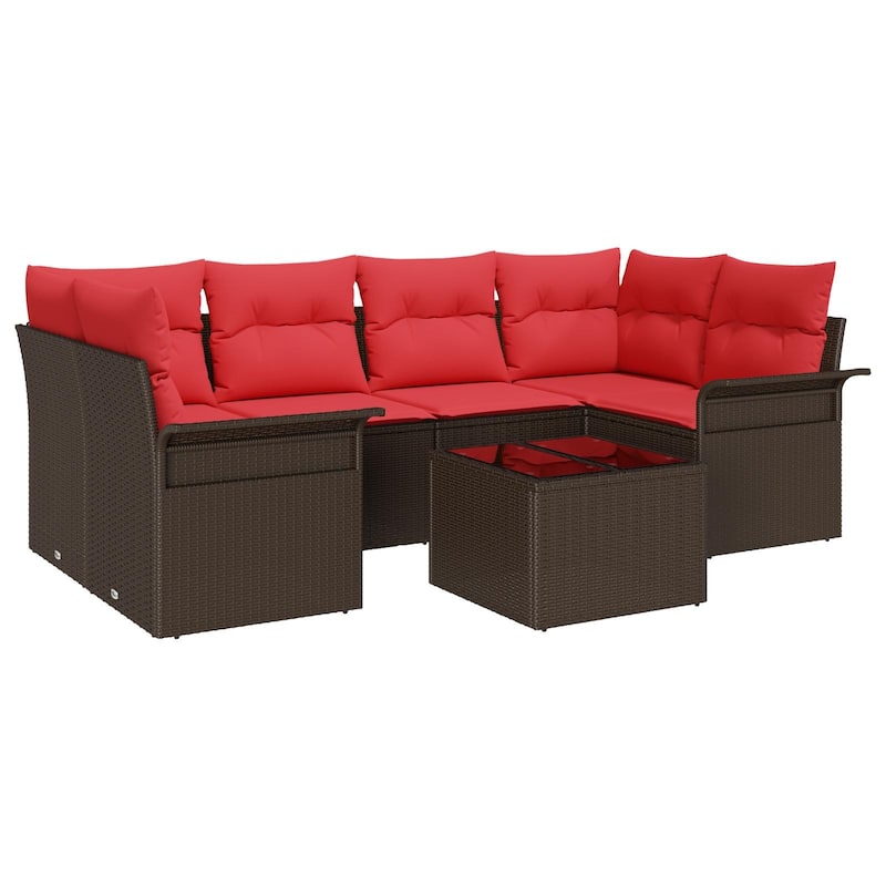 vidaXL 7-Seater Garden Sofa with Cushions Black/Brown/Grey Poly Rattan - 52.2 x 92.1 x 27.2