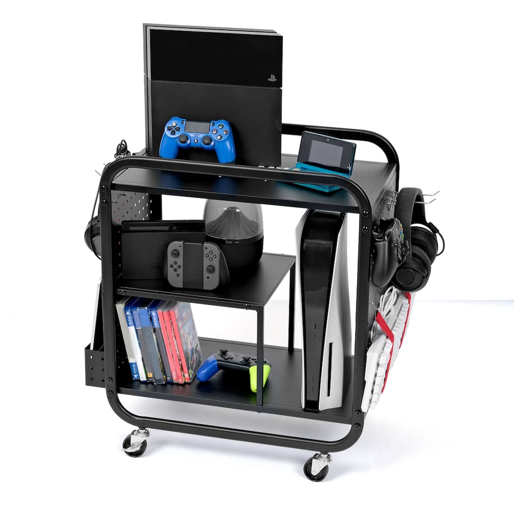 Gaming Organizer Cart with Multi-Level Storage and Wheels