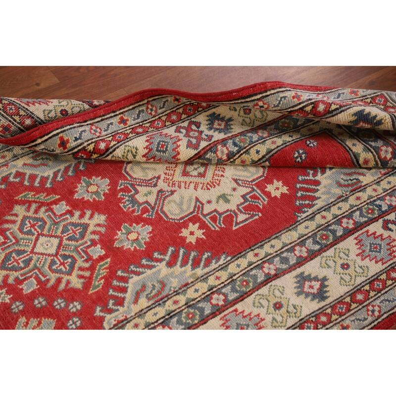 Geometric Kazak Accent Rug Handmade Red Wool Carpet - 3'2"x 5'0"