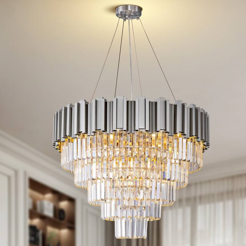 KAYLA Large Crystal Chandelier - 35.4"Modern 6-Tier 17-Light Chrome Ceiling Light, Luxury K9 Crystal - 27.5in - Sliver