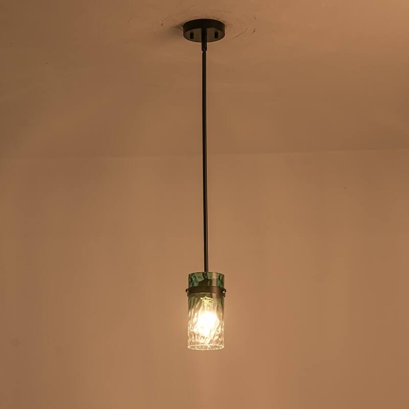 1/3-Light Coastal Matte Black Adjustable Pendant Light with Gradient Blue Hammered Cylinder Glass for Kitchen Island