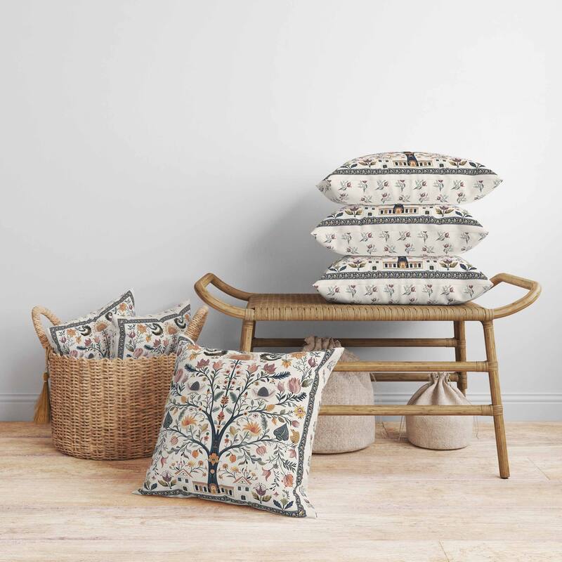 Indian Folk Art Tree Faux Suede Reversible Throw Pillow Multi