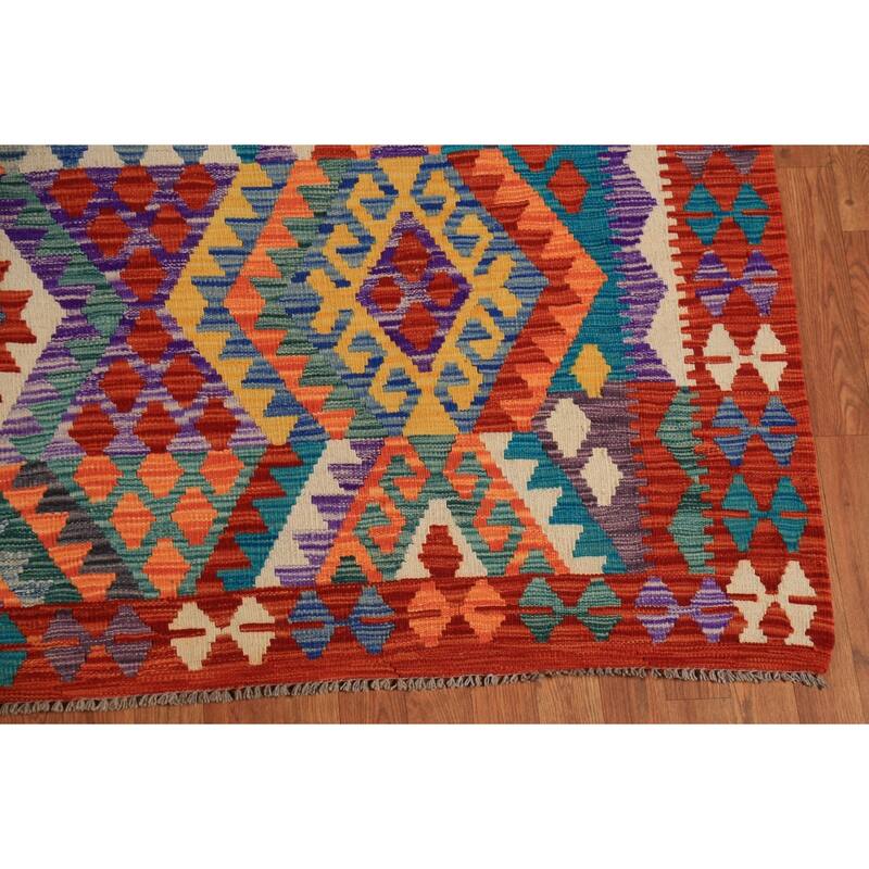 Multicolor Geometric Kilim Oriental Area Rug Hand-Woven Wool Carpet - 8'2" x 9'6"