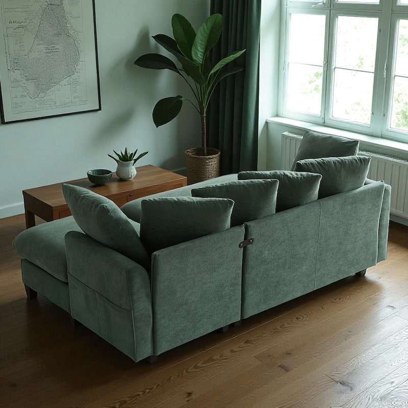 83" L-Shaped Sectional Sofa with Storage Seats Movable Ottoman Curved Armrests Chenille Couch with 6 Pillows