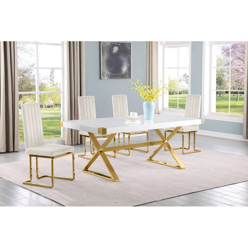 Best Quality Furniture D440/1-SC340-7 Dining Set with 78" White Lacquer Wood Top - 5-Piece - Cream / Gold